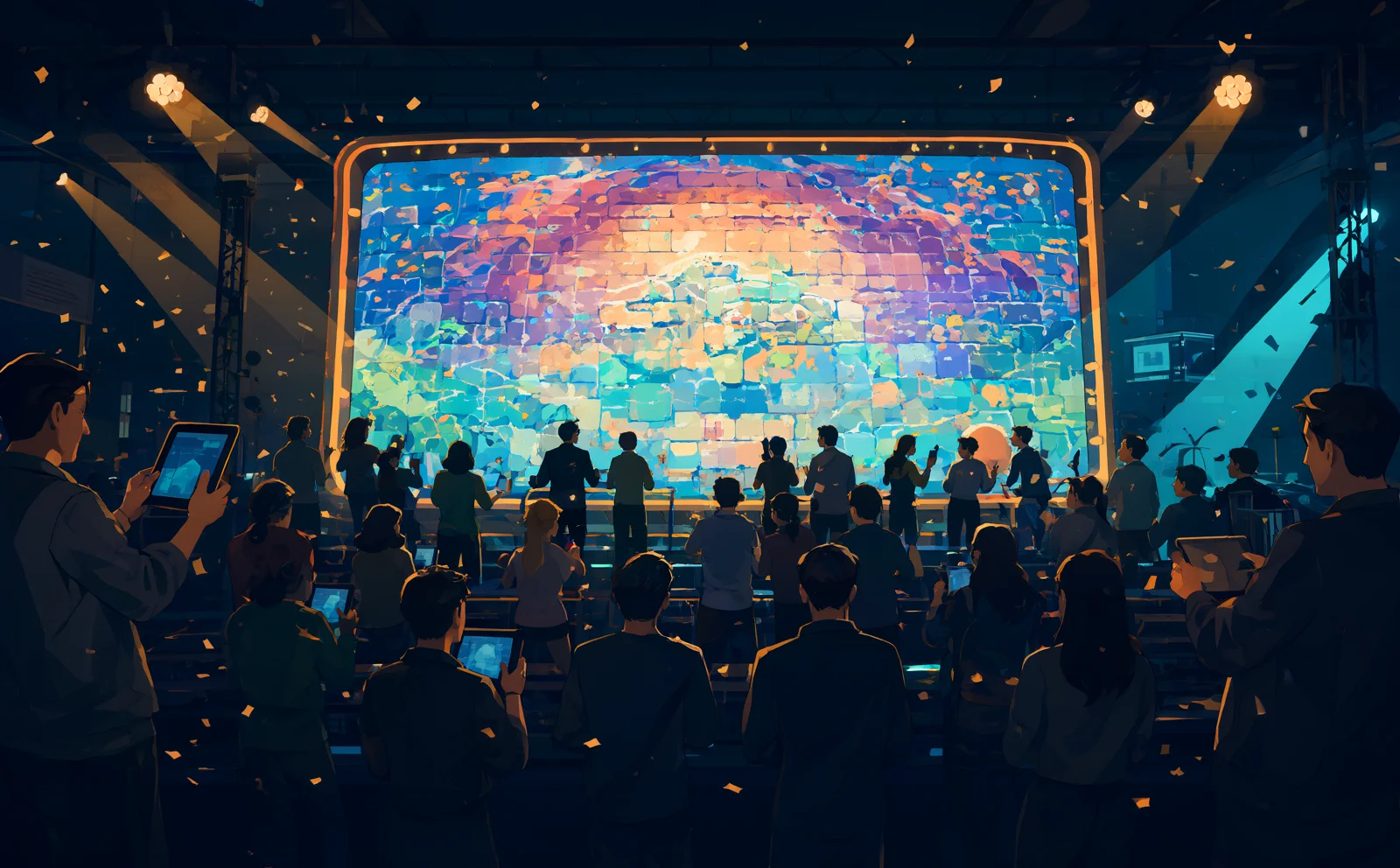 A game booth at a conference, with a crowd playing on their phones