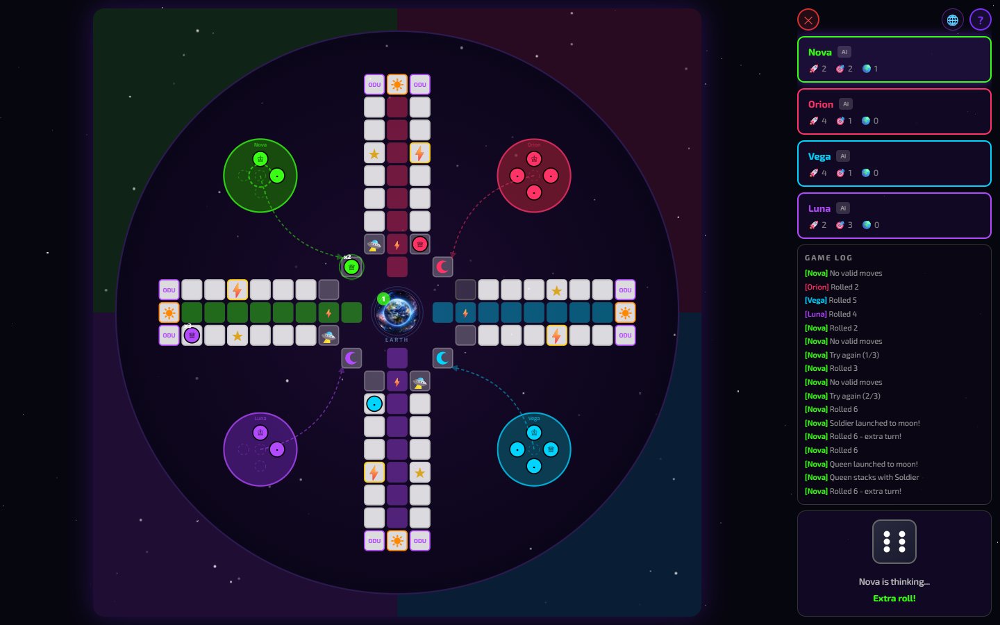 Mid-game: pieces spread across the four galaxies