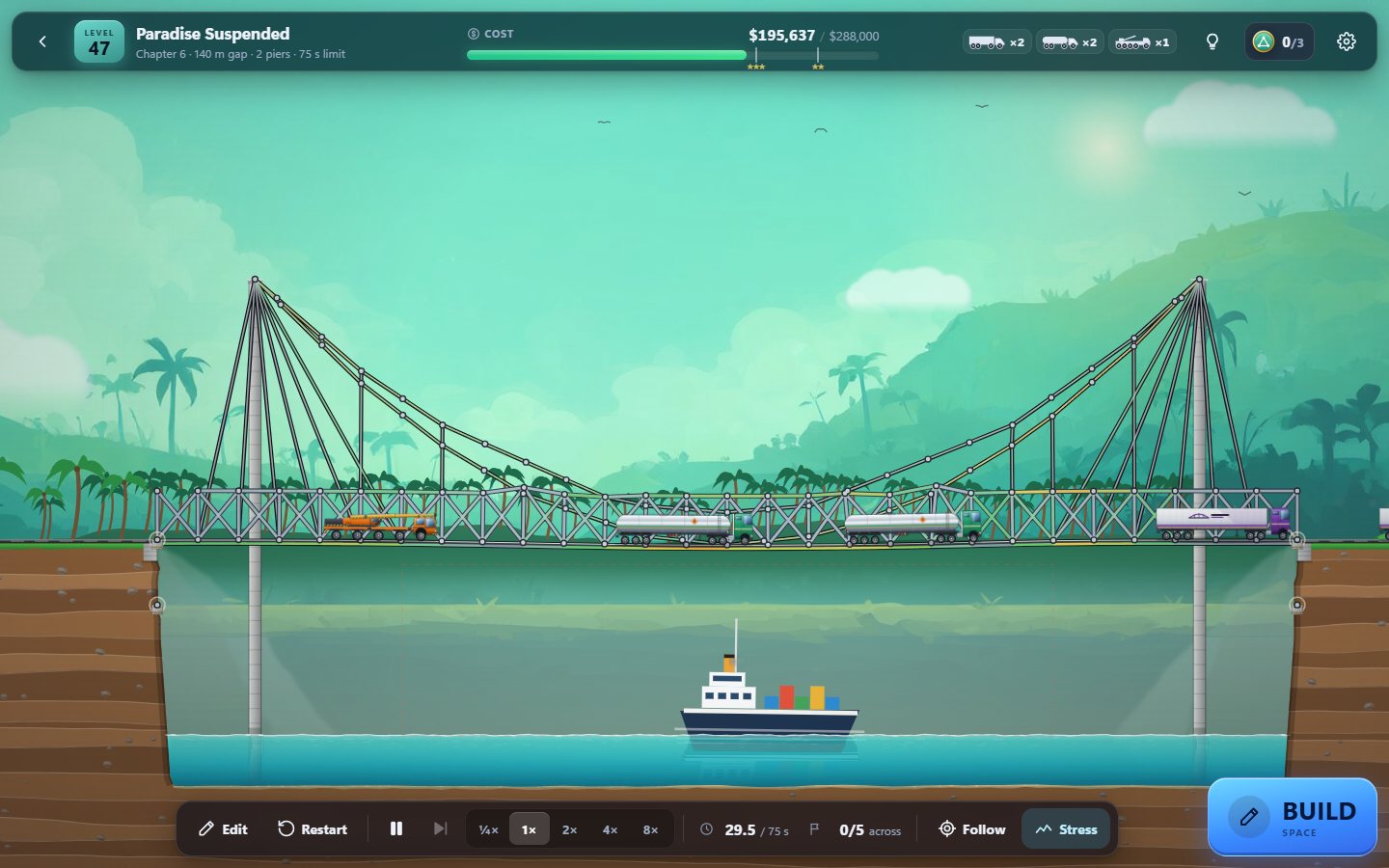 SPAN: a suspension bridge carrying trucks, members tinted by live stress
