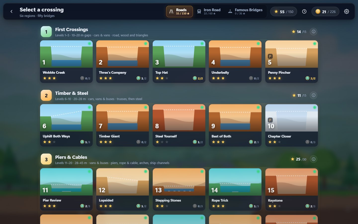 Level select with 100 hand-made levels